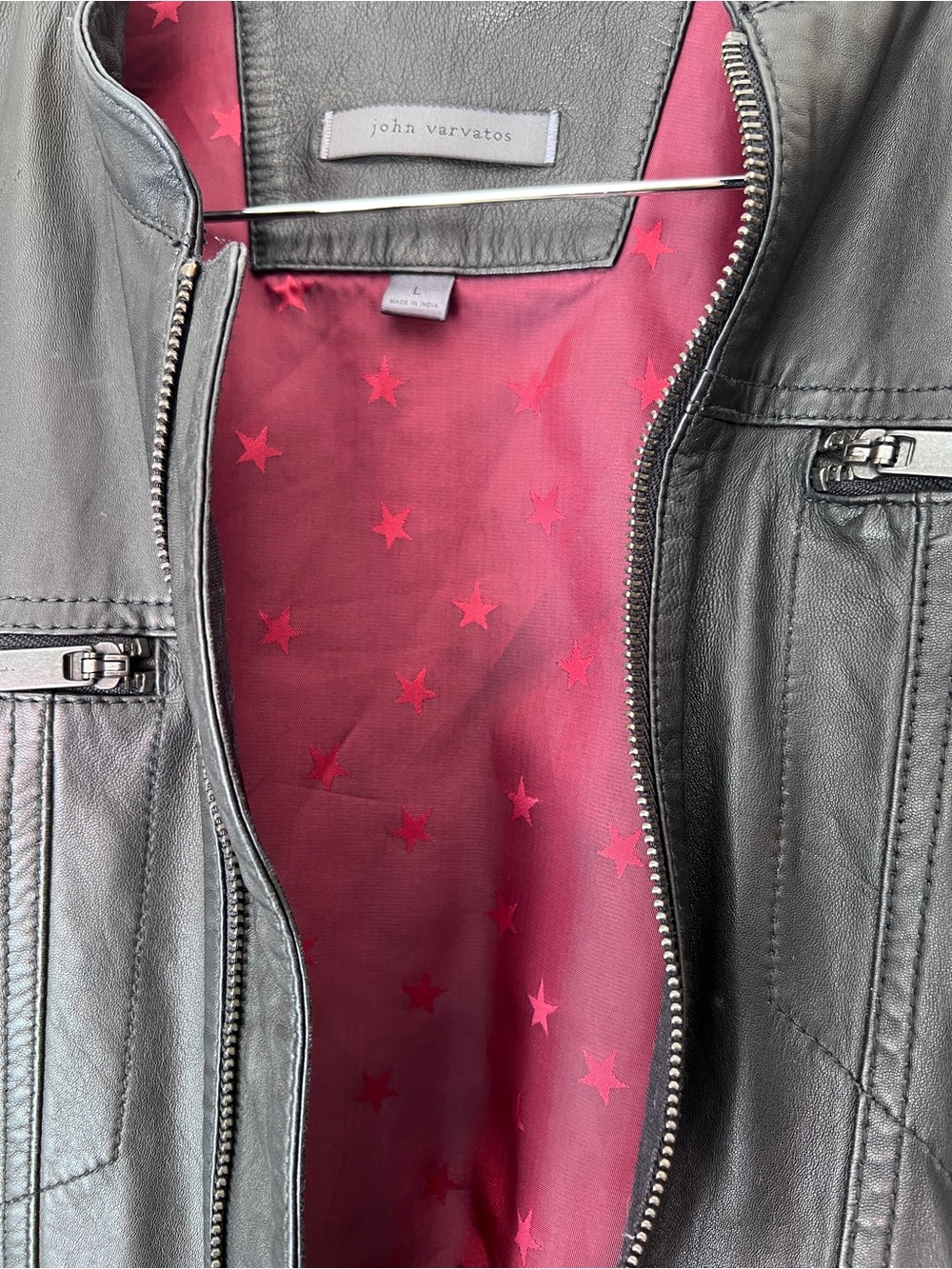 John Varvatos Black Leather Jacket with Red Star Lining - Picture 4 of 7